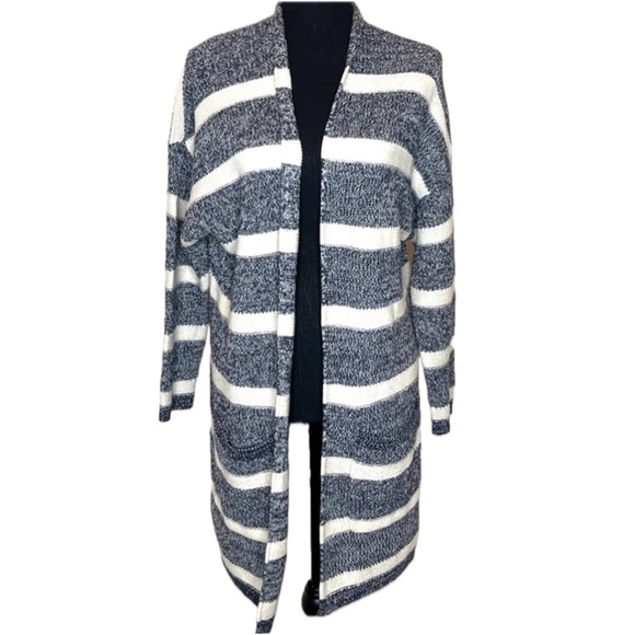 🔥 Lucky Brand Open Knit Blue White Stripe Long a cardigan Sz M - Picture 1 of 8